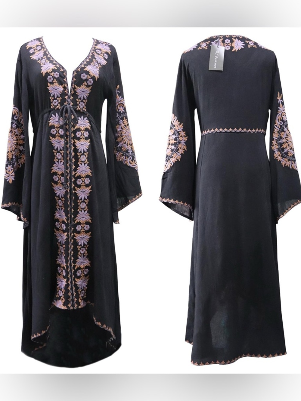 Embroidered Black Midi Dress with Lilac Floral Detail